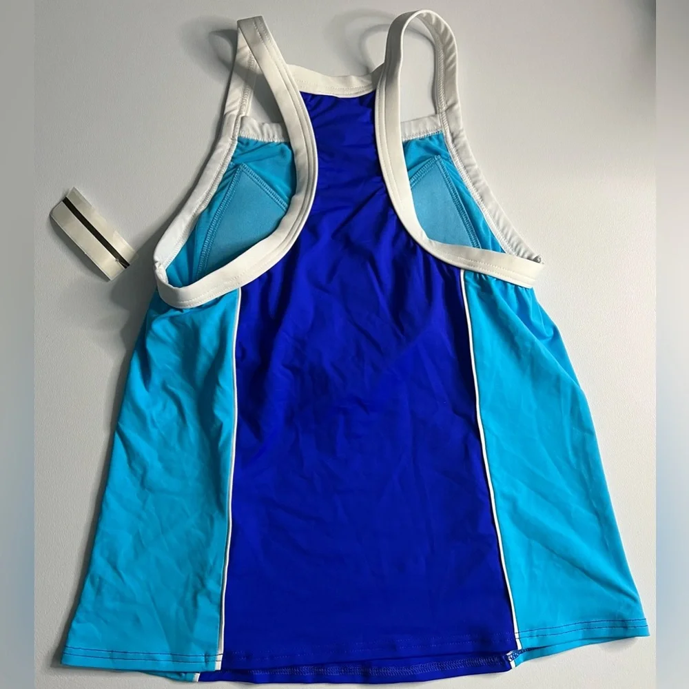 Lands' End Blue and White Sleeveless Swim Top with Zipper